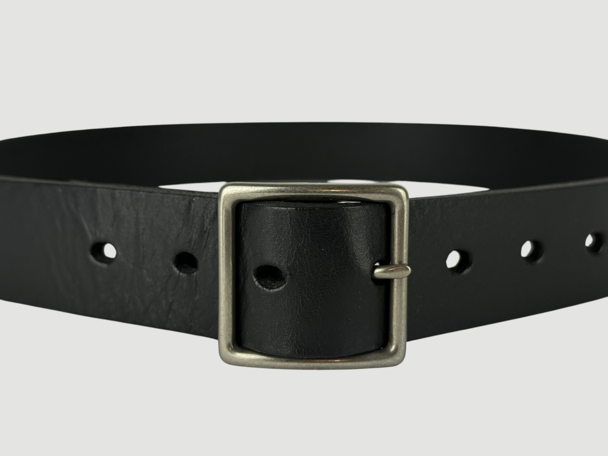 "Folio" Leather Belt - 1 1/4" Wide, Raven Black, No Stitching, Center Bar Buckle, Matte Nickel