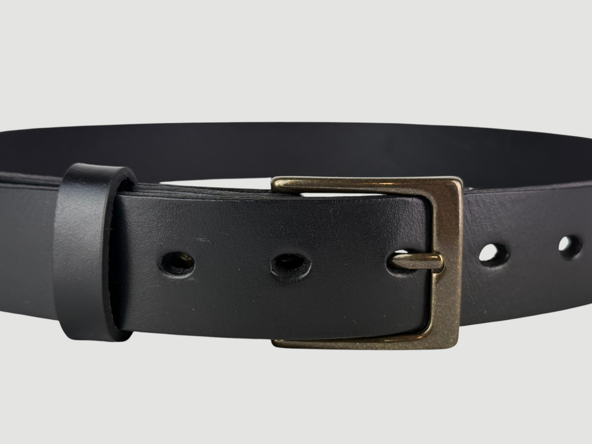 "Folio" Leather Belt - 1 1/4" Wide, Raven Black, No Stitching, Heel Bar Buckle, Antique Brass