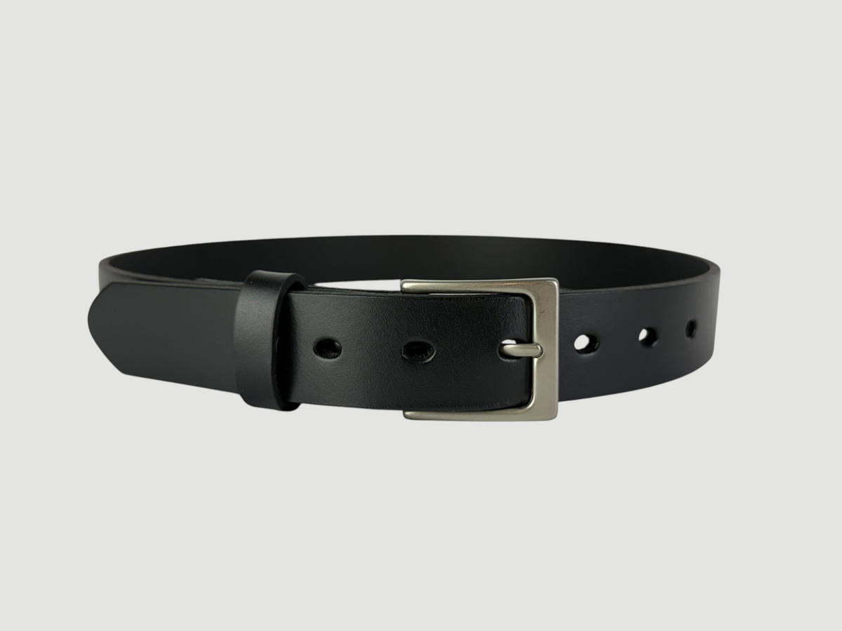 "Folio" Leather Belt - 1 1/4" Wide, Raven Black, No Stitching, Heel Bar Buckle, Matte Nickel