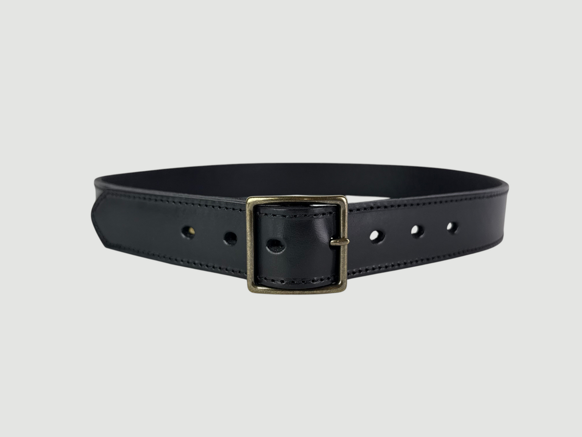 "Folio" Leather Belt - 1 1/4" Wide, Raven Black, Stitching, Center Bar Buckle, Antique Brass