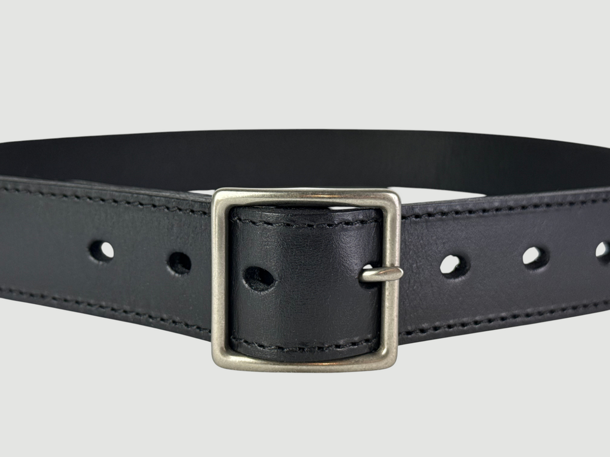 "Folio" Leather Belt - 1 1/4" Wide, Raven Black, Stitching, Center Bar Buckle, Matte Nickel