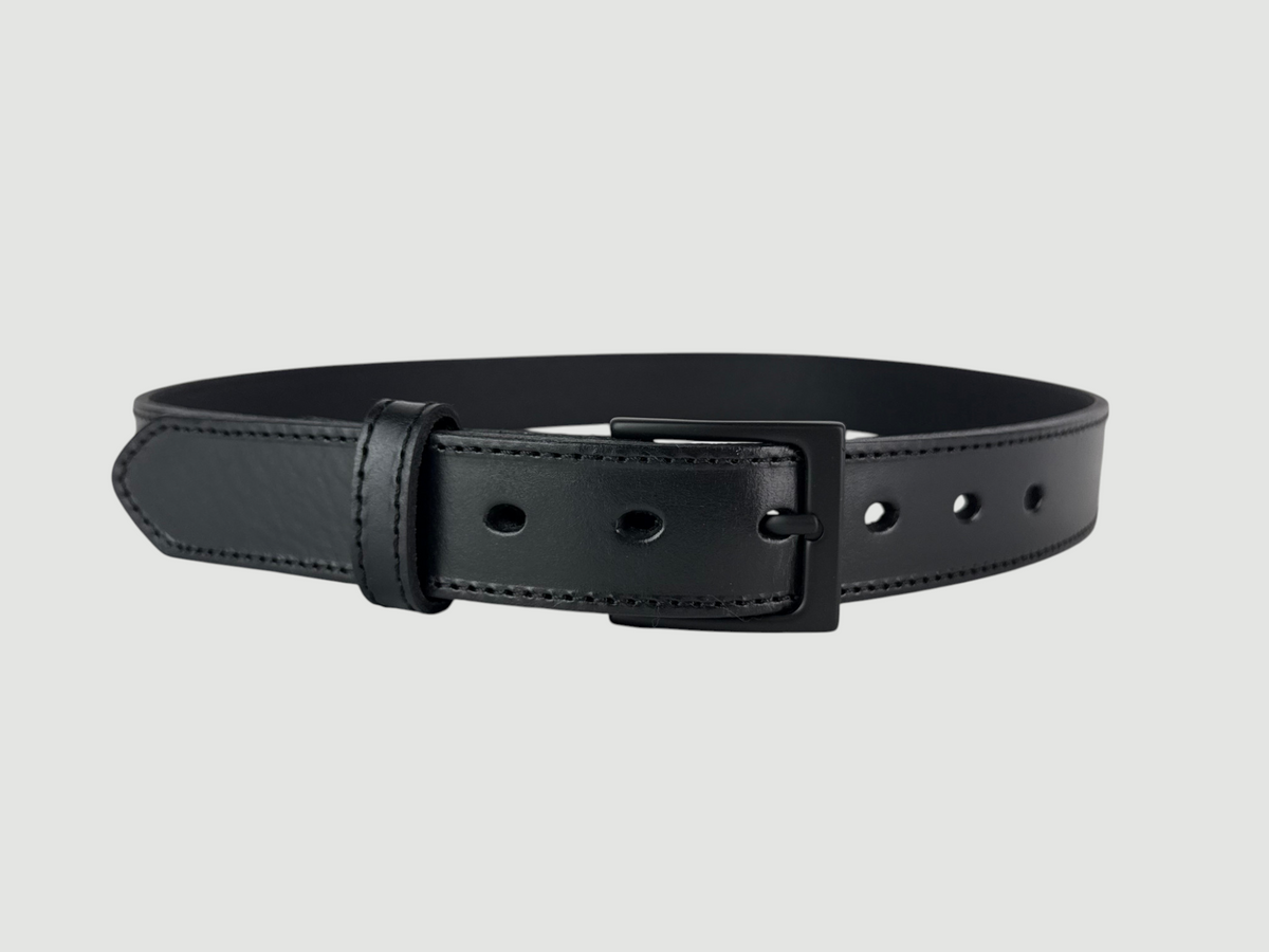"Folio" Leather Belt - 1 1/4" Wide, Raven Black, Stitching, Heel Bar Buckle, Matte Black