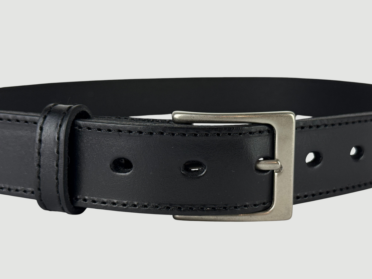 "Folio" Leather Belt - 1 1/4" Wide, Raven Black, Stitching, Heel Bar Buckle, Matte Nickel
