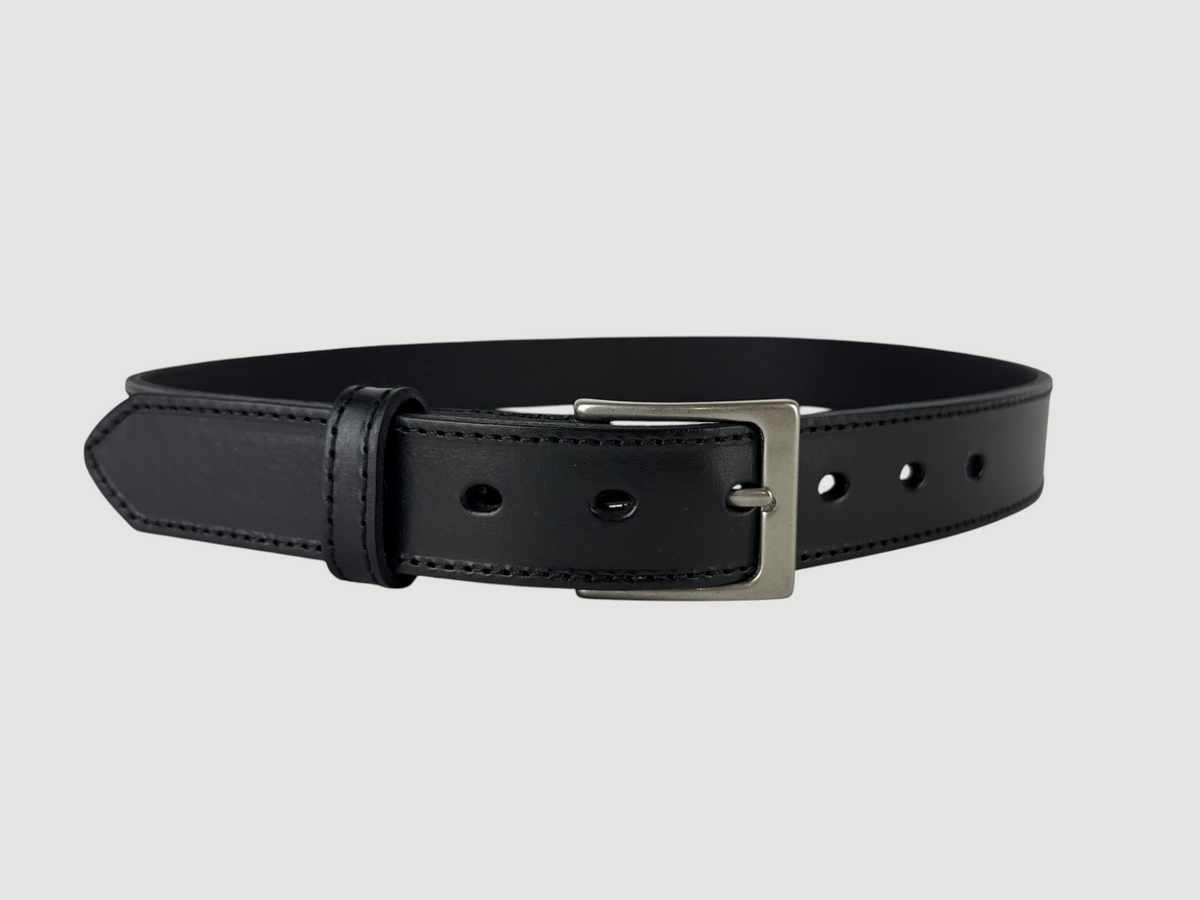 "Folio" Leather Belt - 1 1/4" Wide, Raven Black, Stitching, Heel Bar Buckle, Matte Nickel