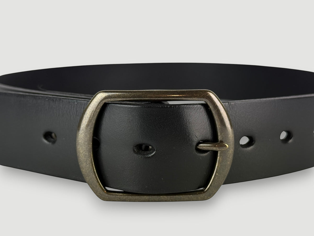 "Folio" Leather Belt - 1 1/2" Wide, Raven Black, No Stitching, Center Bar Buckle, Antique Brass