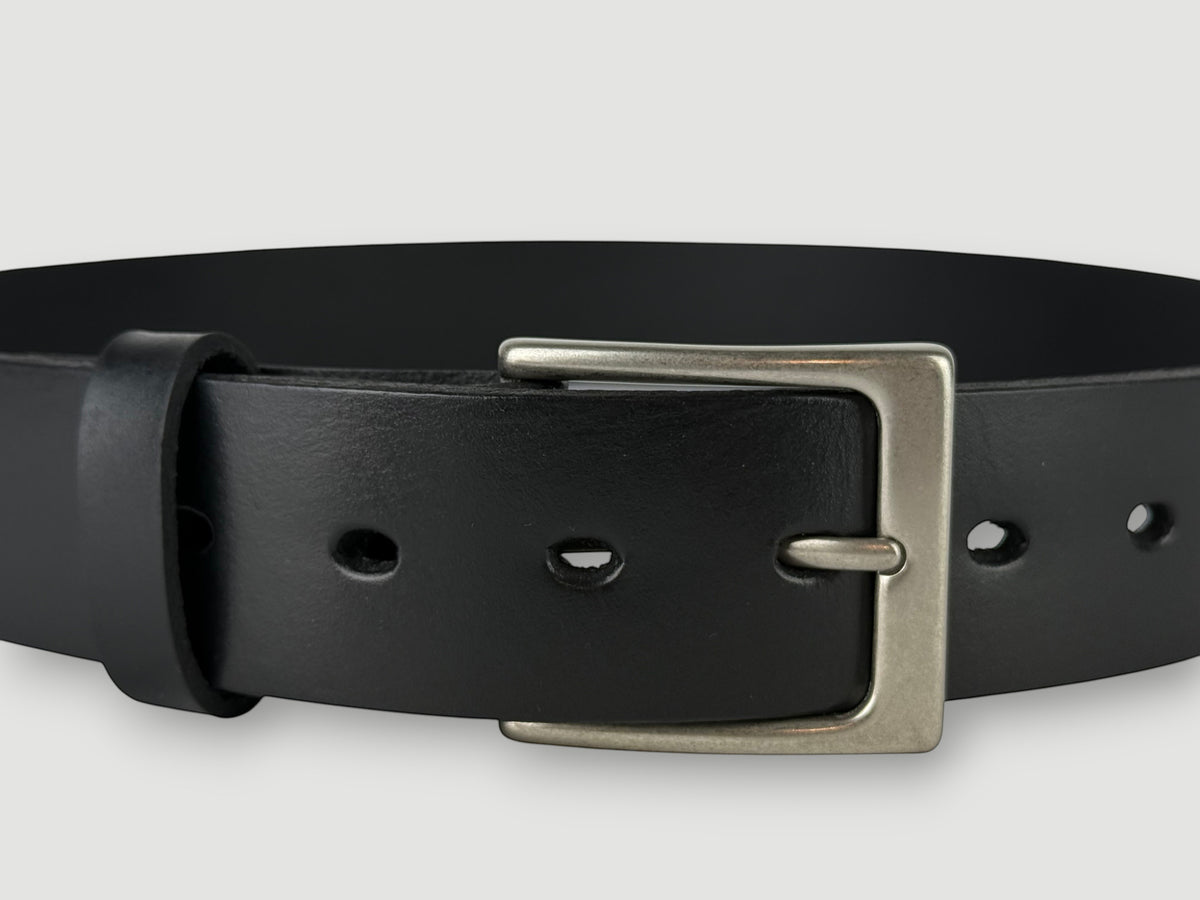 "Folio" Leather Belt - 1 1/2" Wide, Raven Black, No Stitching, Heel Bar Buckle, Matte Nickel