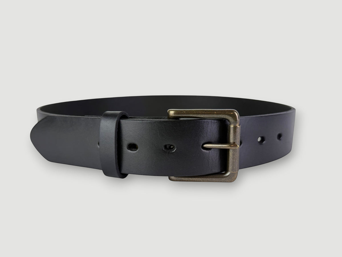 "Folio" Leather Belt - 1 1/2" Wide, Raven Black, No Stitching, Roller Bar Buckle, Antique Brass