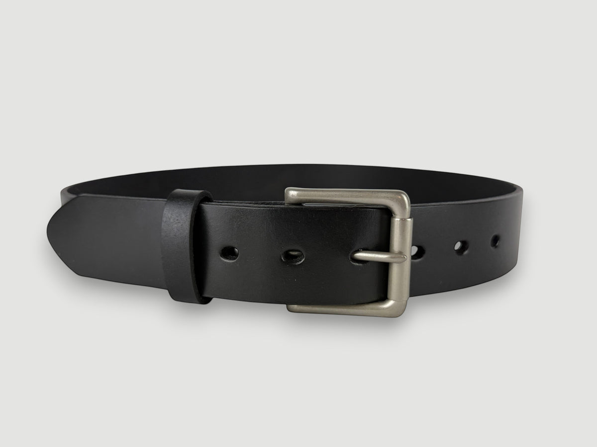 "Folio" Leather Belt - 1 1/2" Wide, Raven Black, No Stitching, Roller Bar Buckle, Matte Nickel
