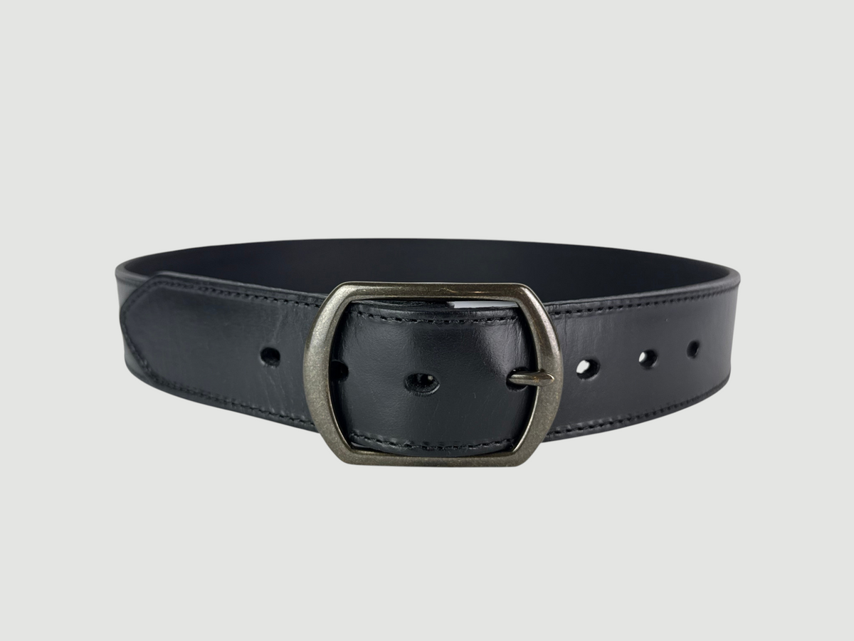 "Folio" Leather Belt - 1 1/2" Wide, Raven Black, Stitching, Center Bar Buckle, Antique Brass
