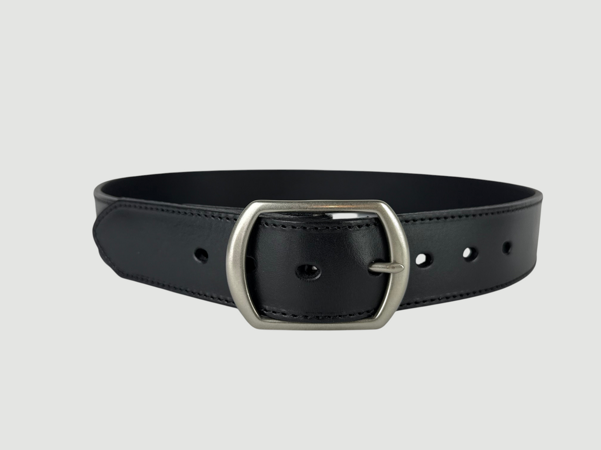 "Folio" Leather Belt - 1 1/2" Wide, Raven Black, Stitching, Center Bar Buckle, Matte Nickel