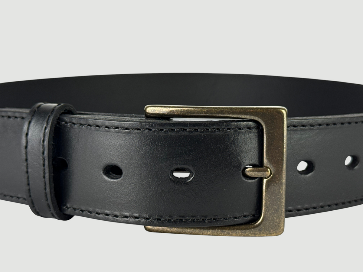 "Folio" Leather Belt - 1 1/2" Wide, Raven Black, Stitching, Heel Bar Buckle, Antique Brass