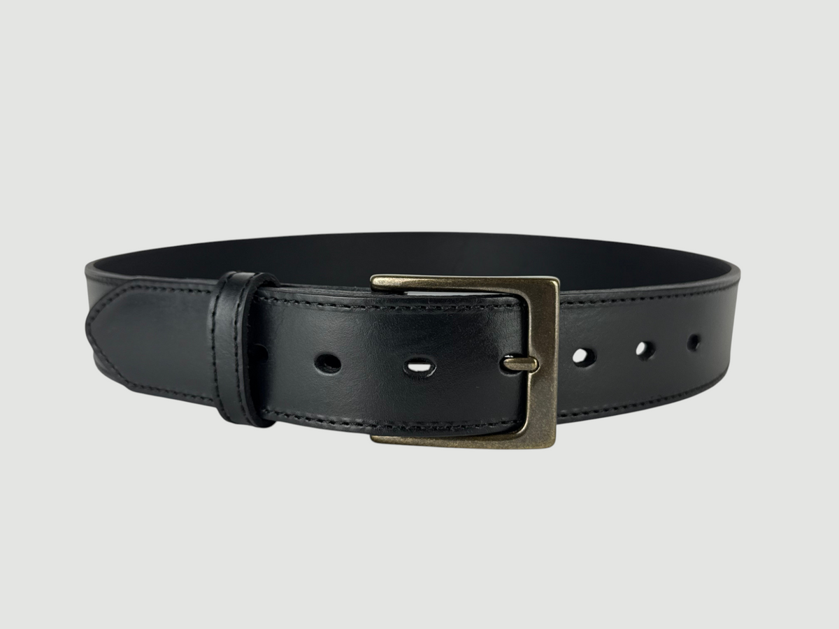 "Folio" Leather Belt - 1 1/2" Wide, Raven Black, Stitching, Heel Bar Buckle, Antique Brass