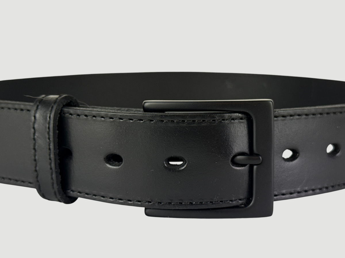 "Folio" Leather Belt - 1 1/2" Wide, Raven Black, Stitching, Heel Bar Buckle, Matte Black