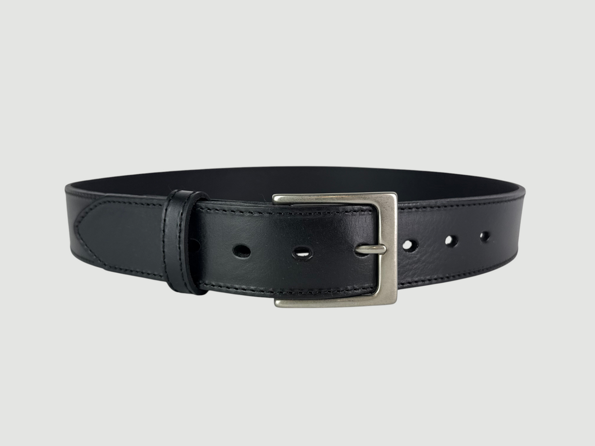 "Folio" Leather Belt - 1 1/2" Wide, Raven Black, Stitching, Heel Bar Buckle, Matte Nickel