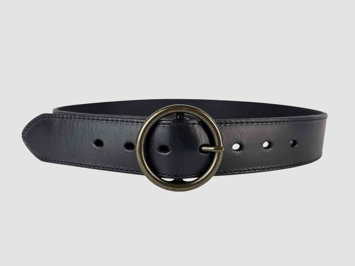 "Folio" Leather Belt - 1 1/2" Wide, Raven Black, Stitching, O-Ring Buckle, Antique Brass