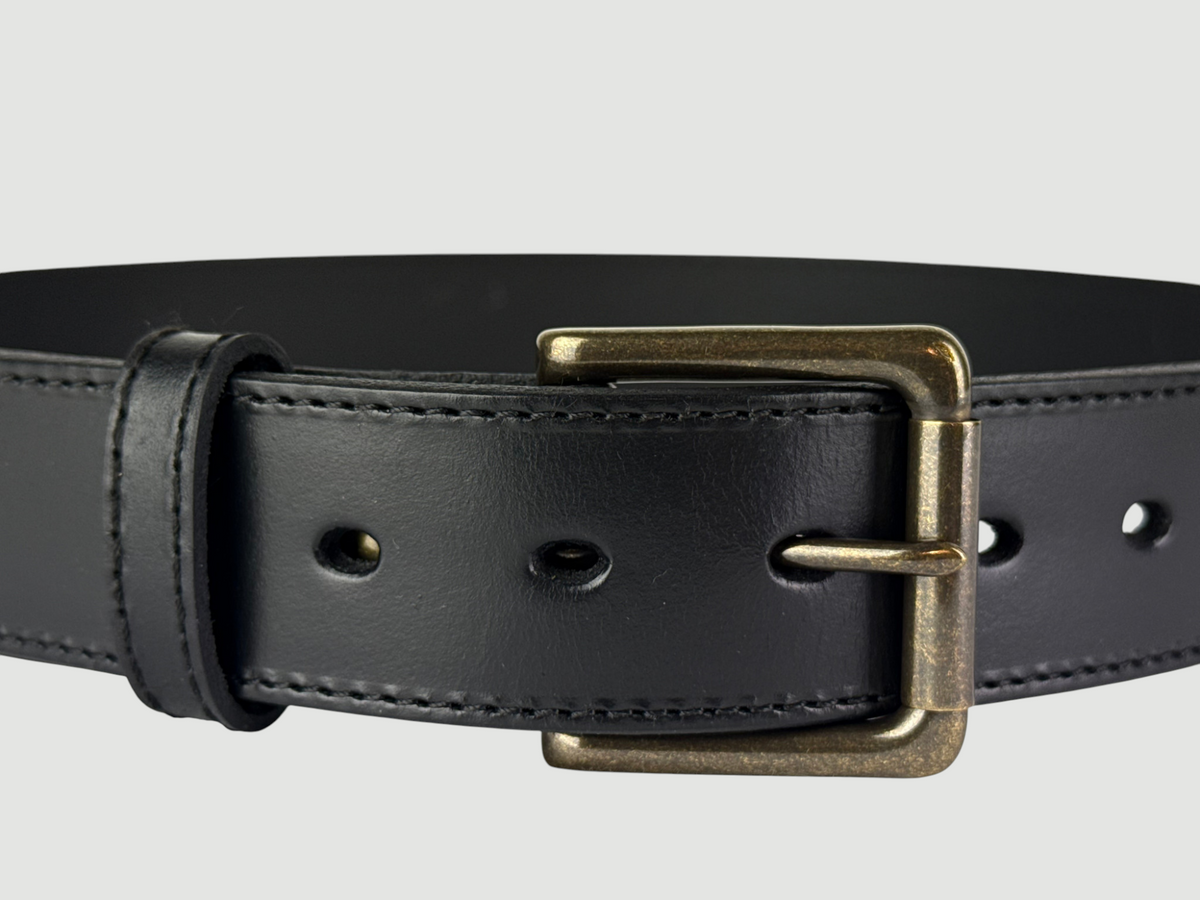 "Folio" Leather Belt - 1 1/2" Wide, Raven Black, Stitching, Roller Bar Buckle, Antique Brass