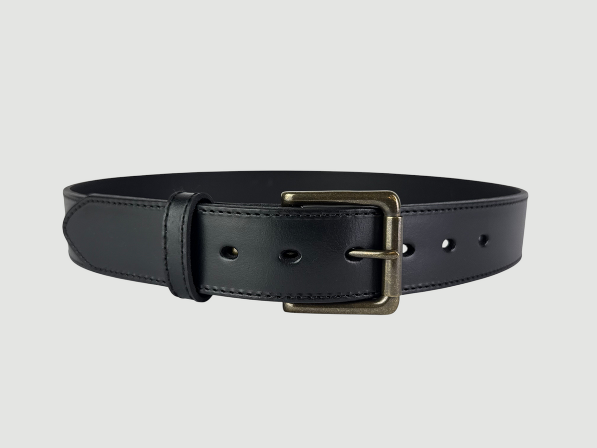 "Folio" Leather Belt - 1 1/2" Wide, Raven Black, Stitching, Roller Bar Buckle, Antique Brass