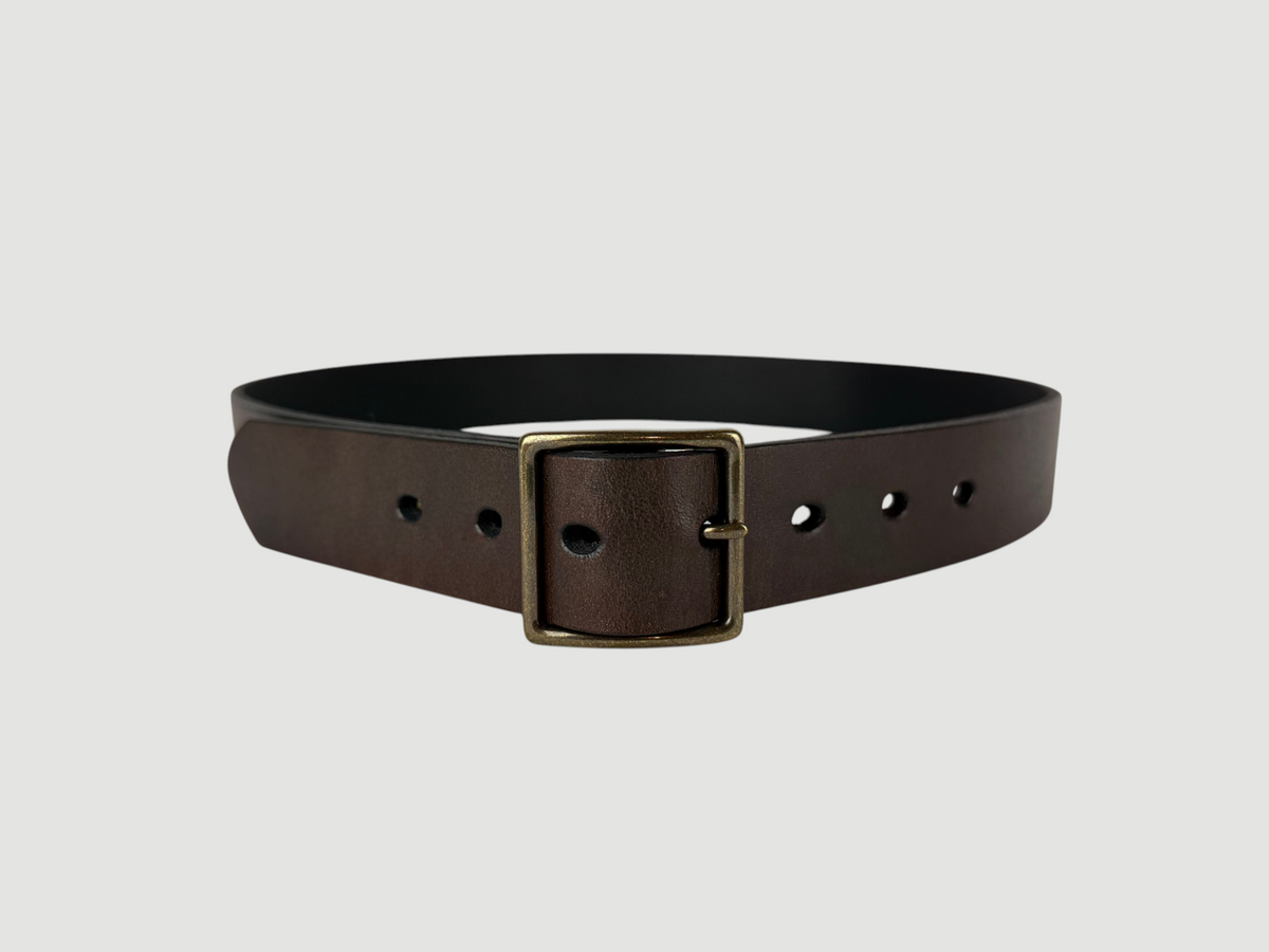 "Folio" Leather Belt - 1 1/4" Wide, Mocha Brown, No Stitching, Center Bar Buckle, Antique Brass