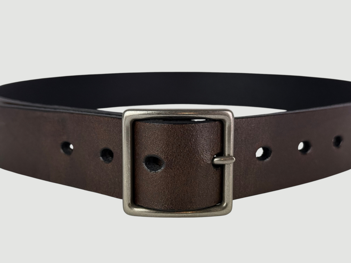 "Folio" Leather Belt - 1 1/4" Wide, Mocha Brown, No Stitching, Center Bar Buckle, Matte Nickel
