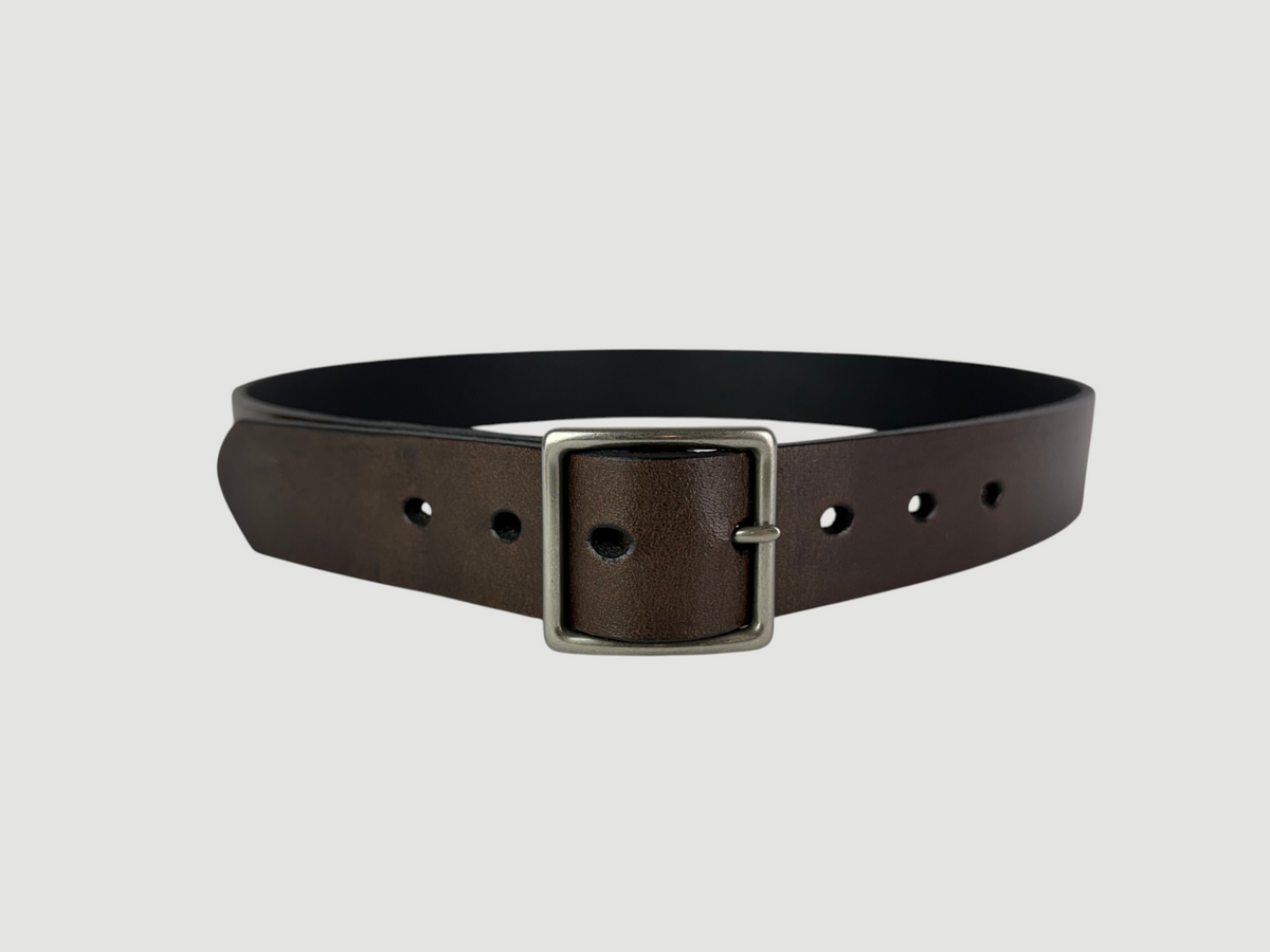 "Folio" Leather Belt - 1 1/4" Wide, Mocha Brown, No Stitching, Center Bar Buckle, Matte Nickel
