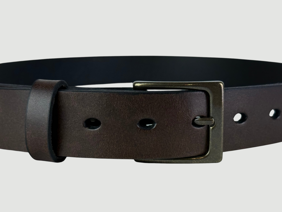 "Folio" Leather Belt - 1 1/4" Wide, Mocha Brown, No Stitching, Heel Bar Buckle, Antique Brass