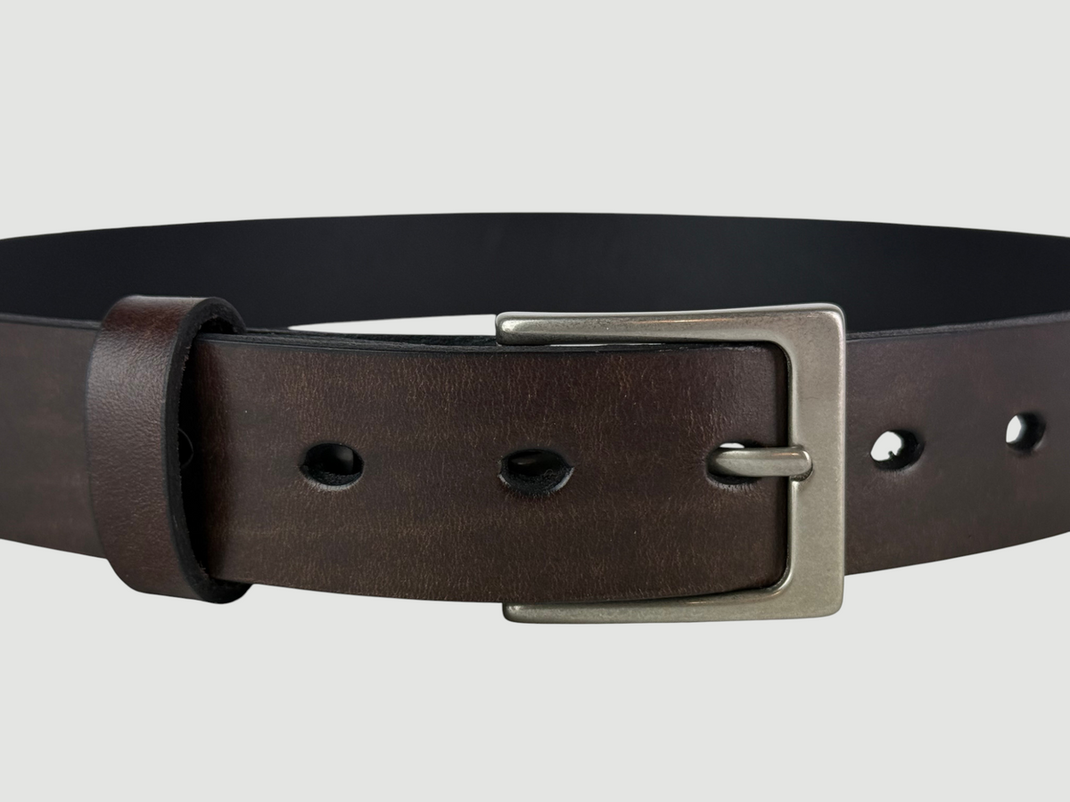 "Folio" Leather Belt - 1 1/4" Wide, Mocha Brown, No Stitching, Heel Bar Buckle, Matte Nickel