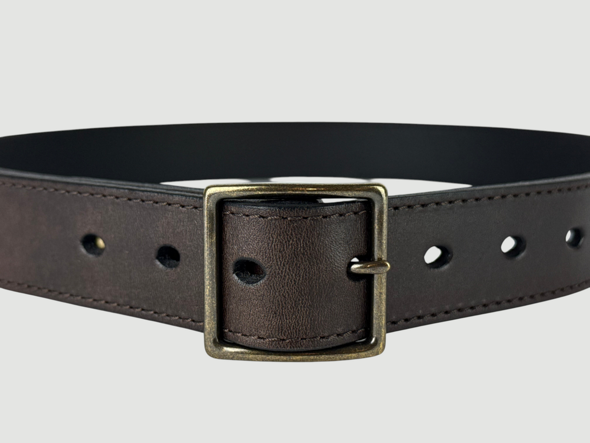 "Folio" Leather Belt - 1 1/4" Wide, Mocha Brown, Stitching, Center Bar Buckle, Antique Brass