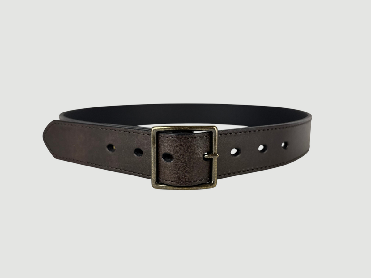 "Folio" Leather Belt - 1 1/4" Wide, Mocha Brown, Stitching, Center Bar Buckle, Antique Brass