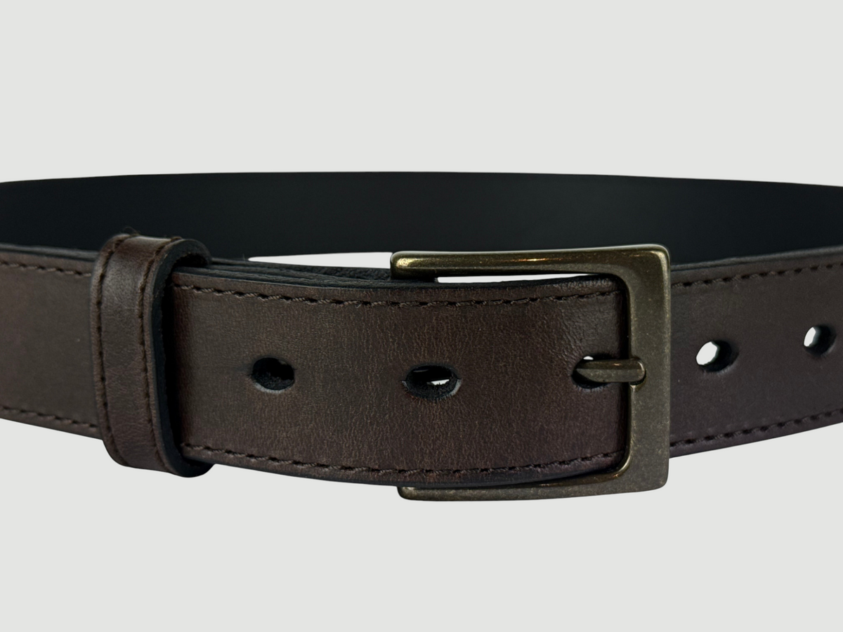 "Folio" Leather Belt - 1 1/4" Wide, Mocha Brown, Stitching, Heel Bar Buckle, Antique Brass