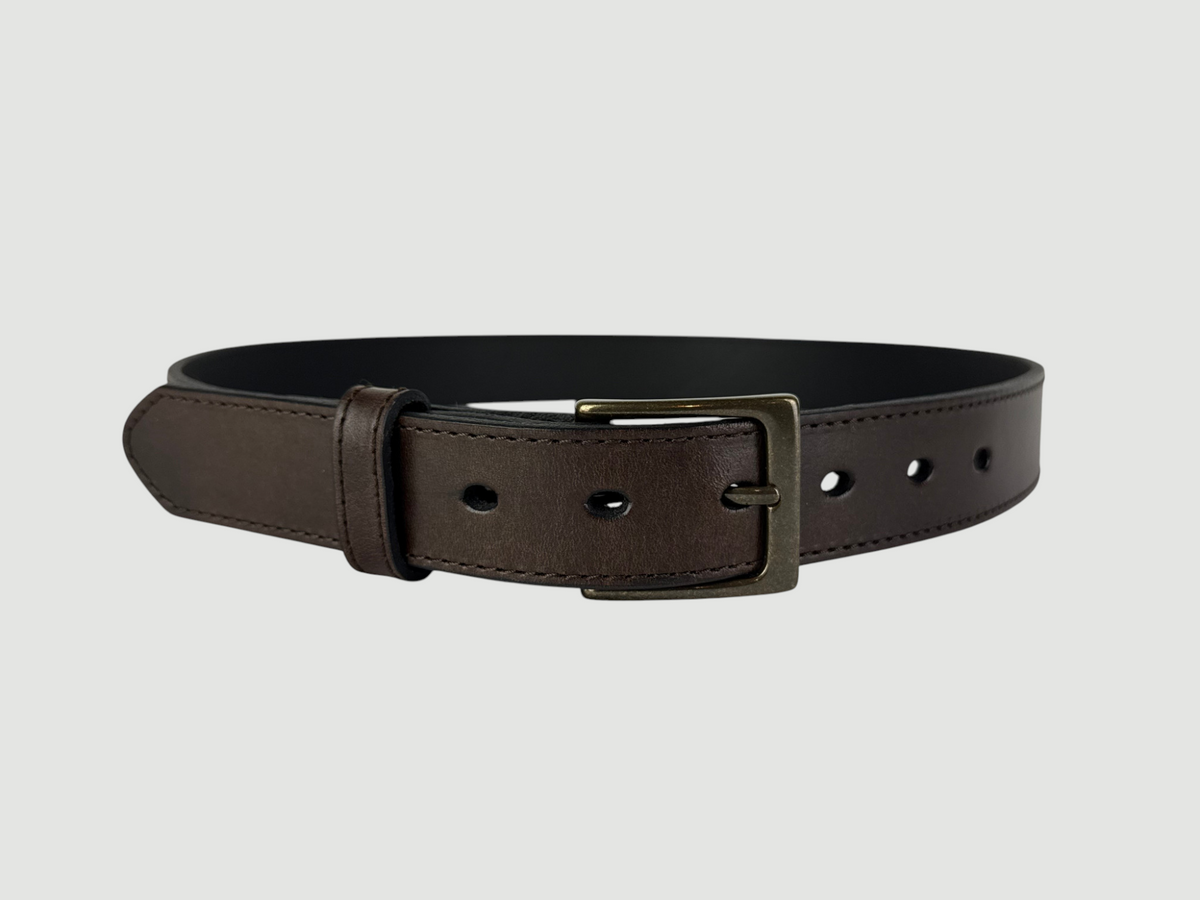 "Folio" Leather Belt - 1 1/4" Wide, Mocha Brown, Stitching, Heel Bar Buckle, Antique Brass