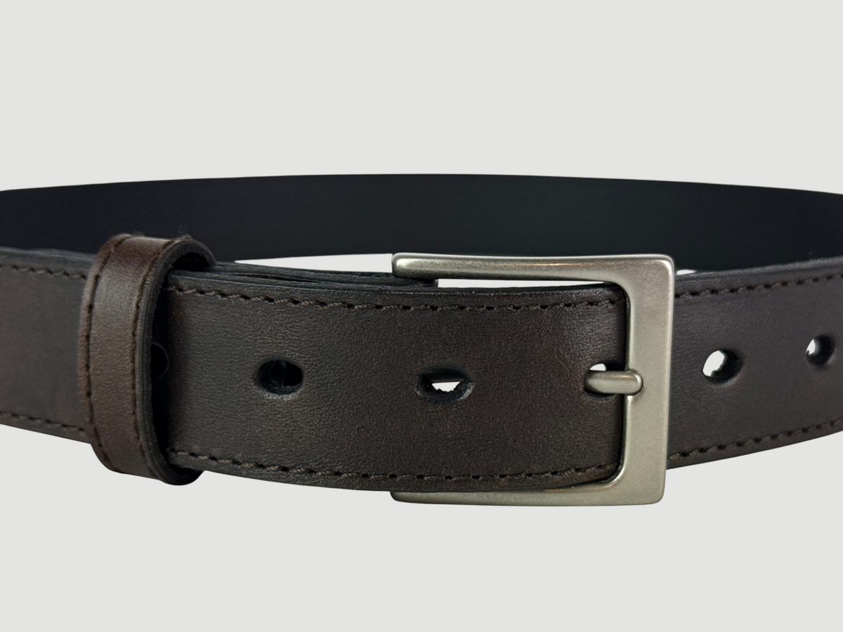 "Folio" Leather Belt - 1 1/4" Wide, Mocha Brown, Stitching, Heel Bar Buckle, Matte Nickel