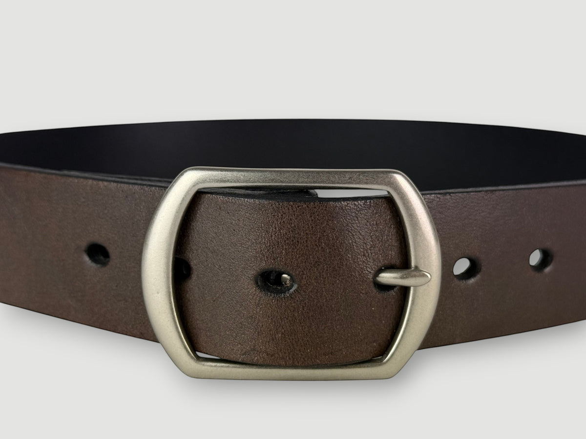 "Folio" Leather Belt - 1 1/2" Wide, Mocha Brown, No Stitching, Center Bar Buckle, Matte Nickel
