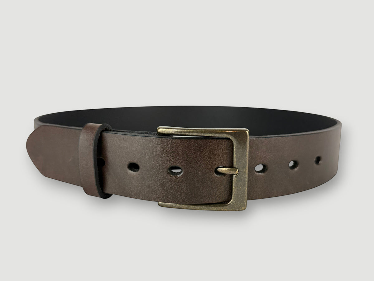 "Folio" Leather Belt - 1 1/2" Wide, Mocha Brown, No Stitching, Heel Bar Buckle, Antique Brass