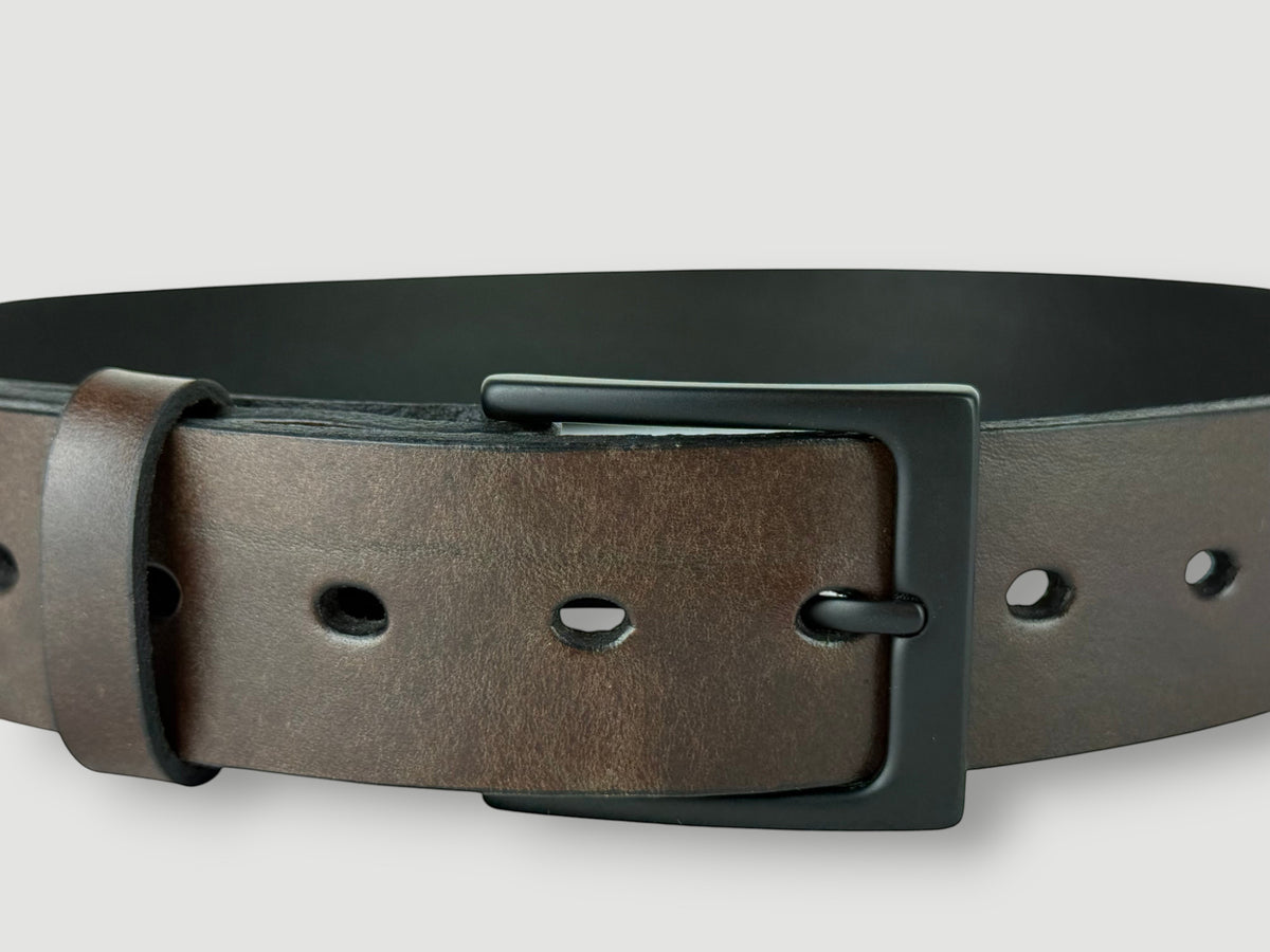 "Folio" Leather Belt - 1 1/2" Wide, Mocha Brown, No Stitching, Heel Bar Buckle, Matte Black