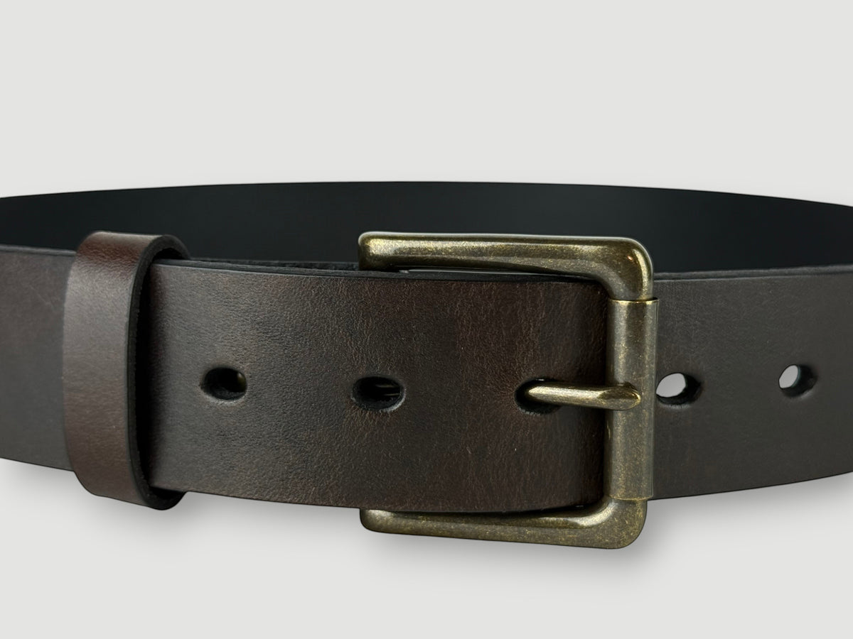 "Folio" Leather Belt - 1 1/2" Wide, Mocha Brown, No Stitching, Roller Bar Buckle, Antique Brass