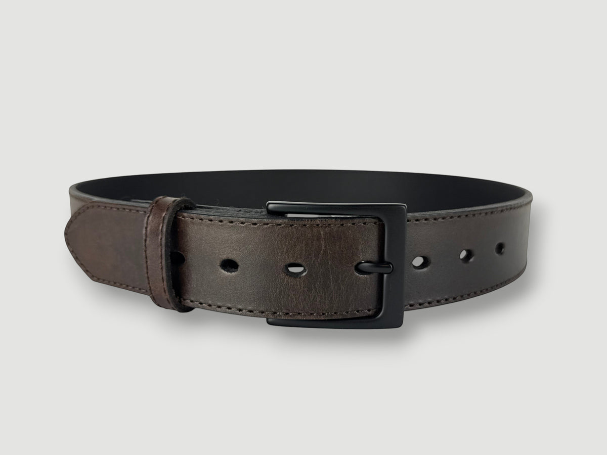 "Folio" Leather Belt - 1 1/2" Wide, Mocha Brown, Stitching, Heel Bar Buckle, Matte Black