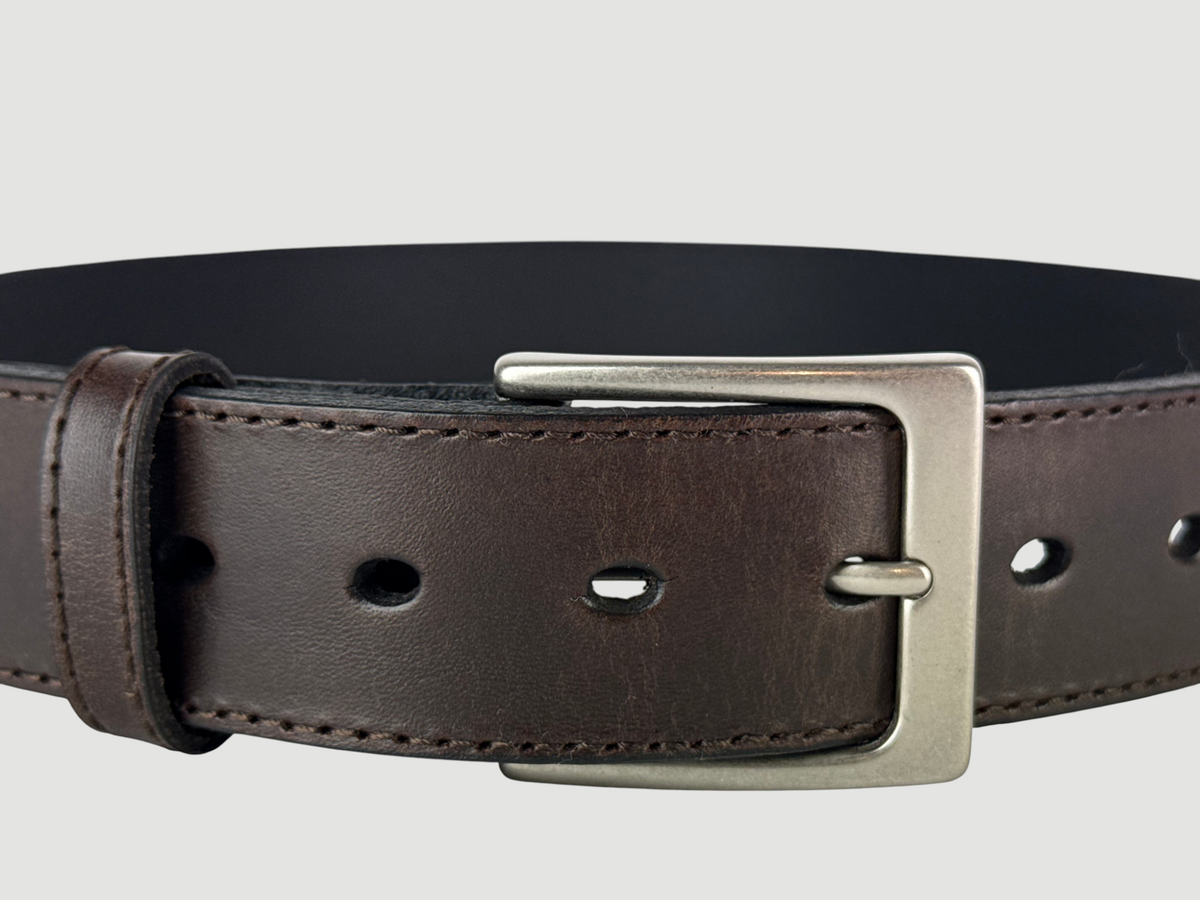 "Folio" Leather Belt - 1 1/2" Wide, Mocha Brown, Stitching, Heel Bar Buckle, Matte Nickel
