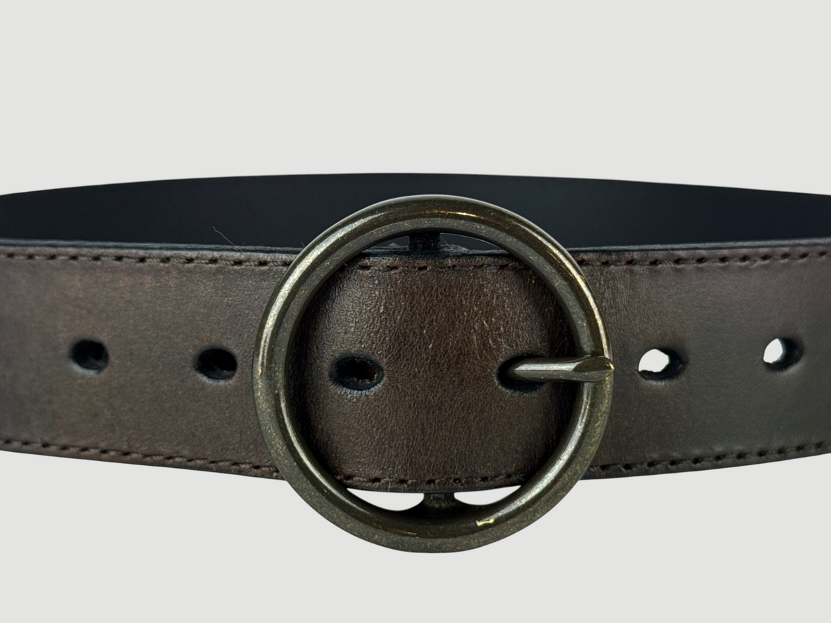 "Folio" Leather Belt - 1 1/2" Wide, Mocha Brown, Stitching, O-Ring Buckle, Antique Brass
