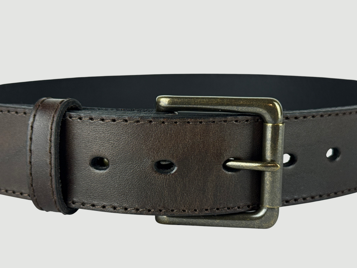 "Folio" Leather Belt - 1 1/2" Wide, Mocha Brown, Stitching, Roller Bar Buckle, Antique Brass