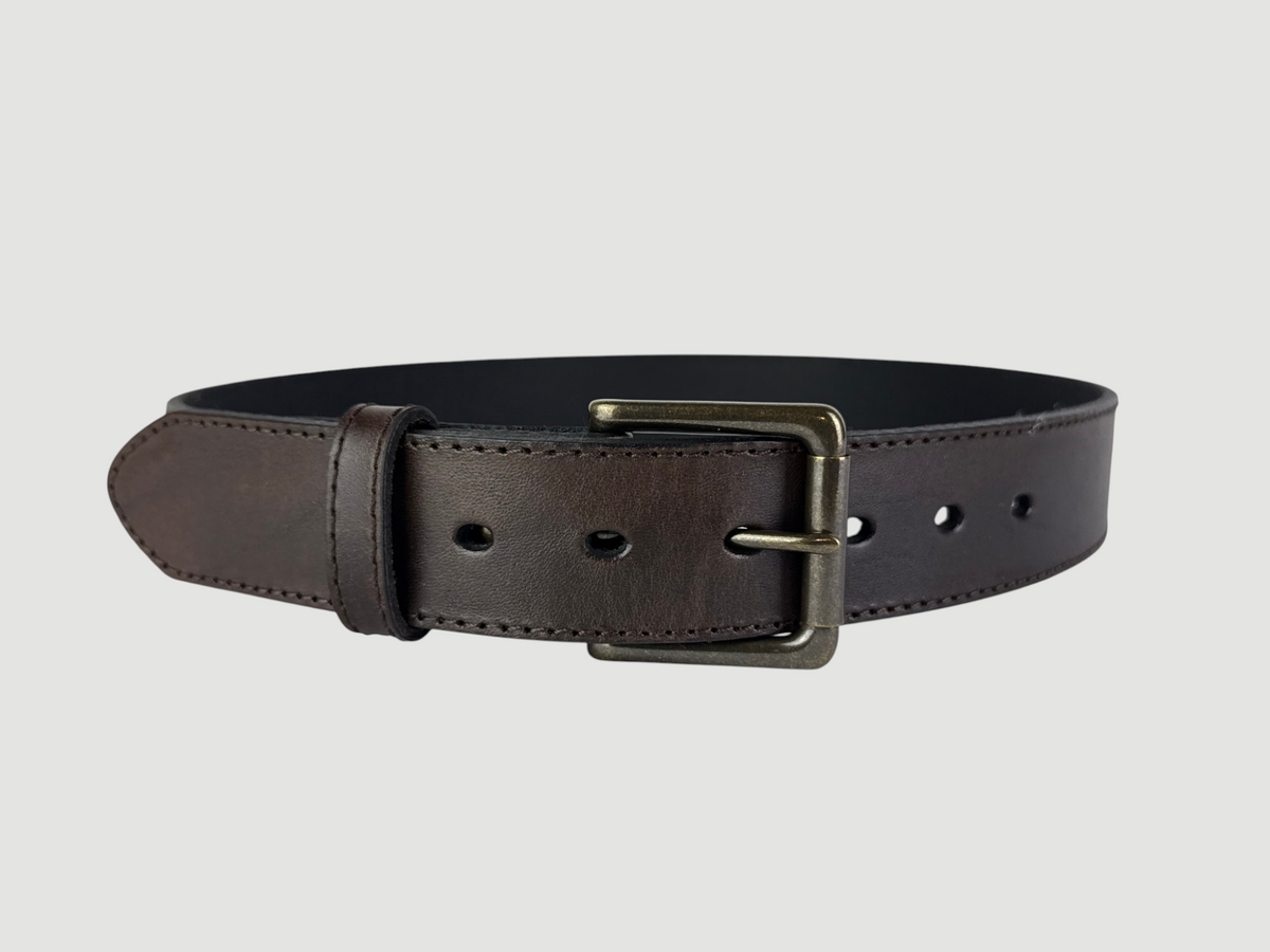 "Folio" Leather Belt - 1 1/2" Wide, Mocha Brown, Stitching, Roller Bar Buckle, Antique Brass