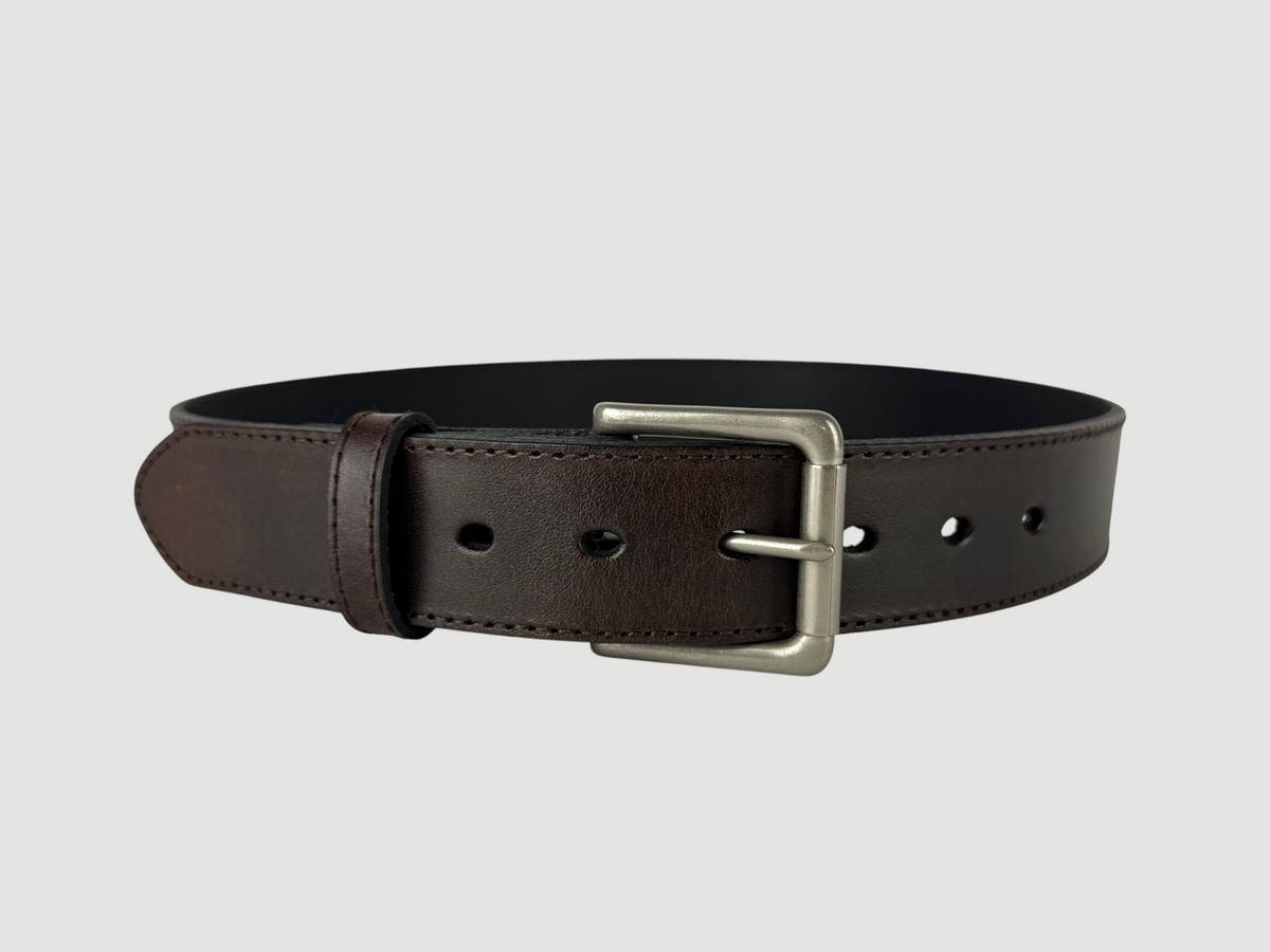 "Folio" Leather Belt - 1 1/2" Wide, Mocha Brown, Stitching, Roller Bar Buckle, Matte Nickel