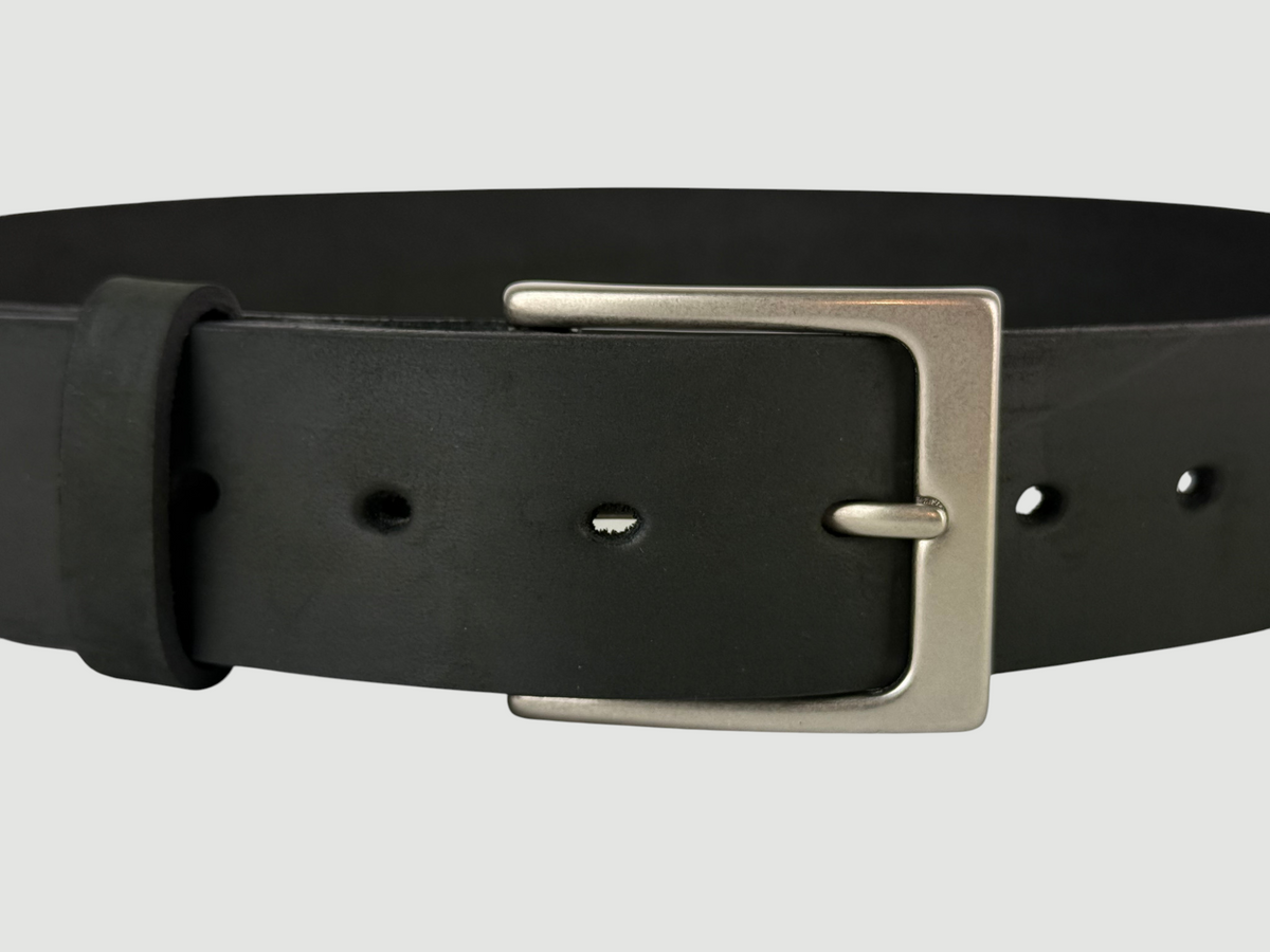 "Slab" Leather Belt - 1 1/2" Wide, Aged Steel, Heel Bar Buckle, Matte Nickel