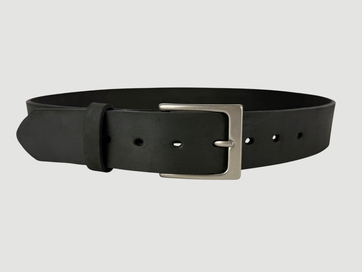"Slab" Leather Belt - 1 1/2" Wide, Aged Steel, Heel Bar Buckle, Matte Nickel