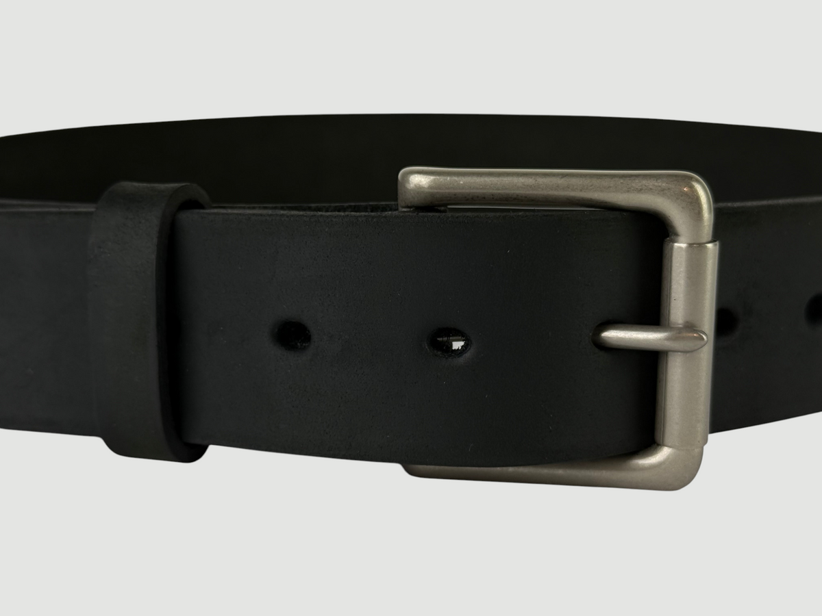 "Slab" Leather Belt - 1 1/2" Wide, Aged Steel, Roller Bar Buckle, Matte Nickel