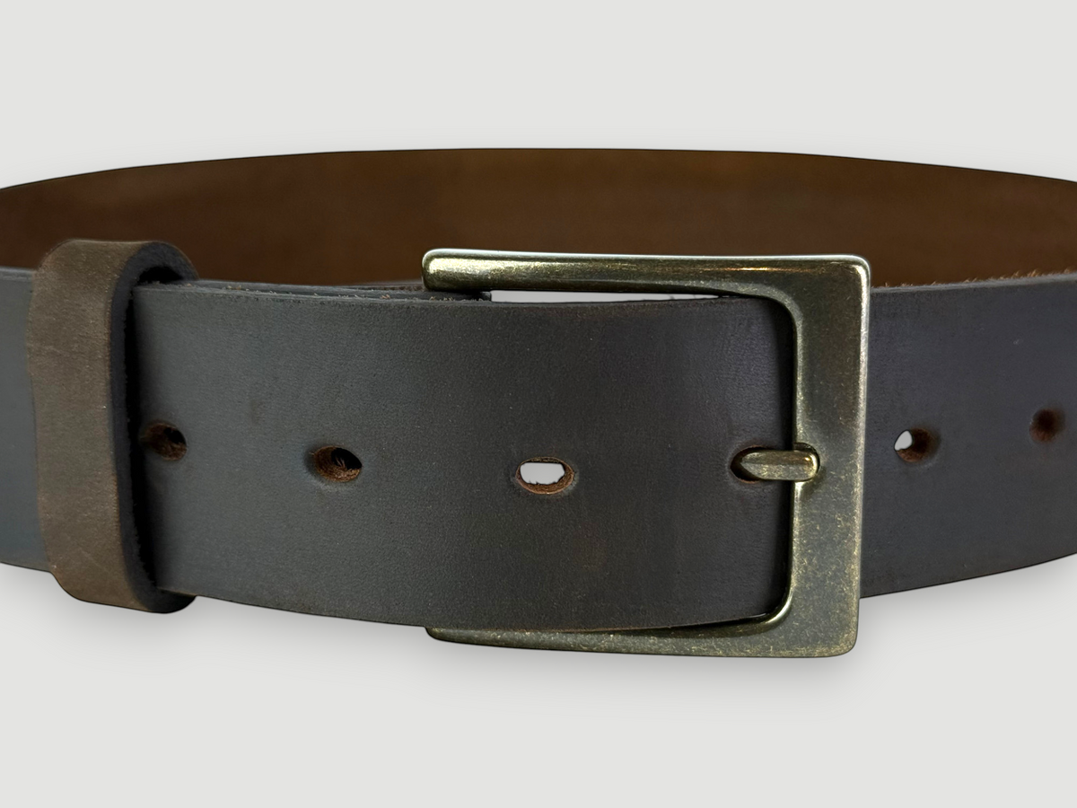 "Slab" Leather Belt - 1 1/2" Wide, Whiskey Brown, Heel Bar Buckle, Antique Brass