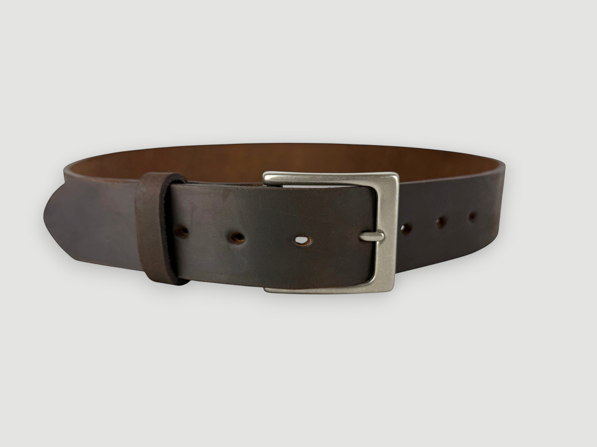 "Slab" Leather Belt - 1 1/2" Wide, Whiskey Brown, Heel Bar Buckle, Matte Nickel