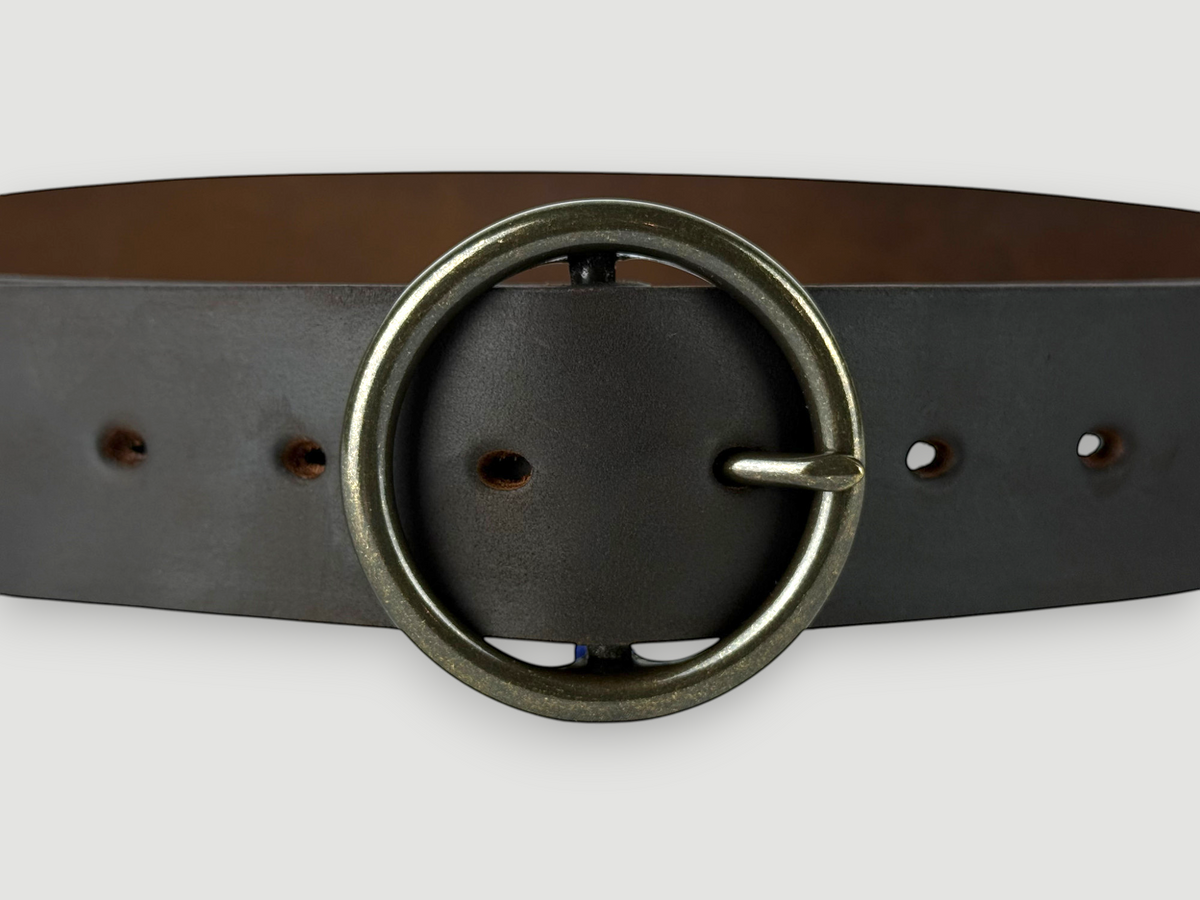 "Slab" Leather Belt - 1 1/2" Wide, Whiskey Brown, O-Ring Buckle, Antique Brass