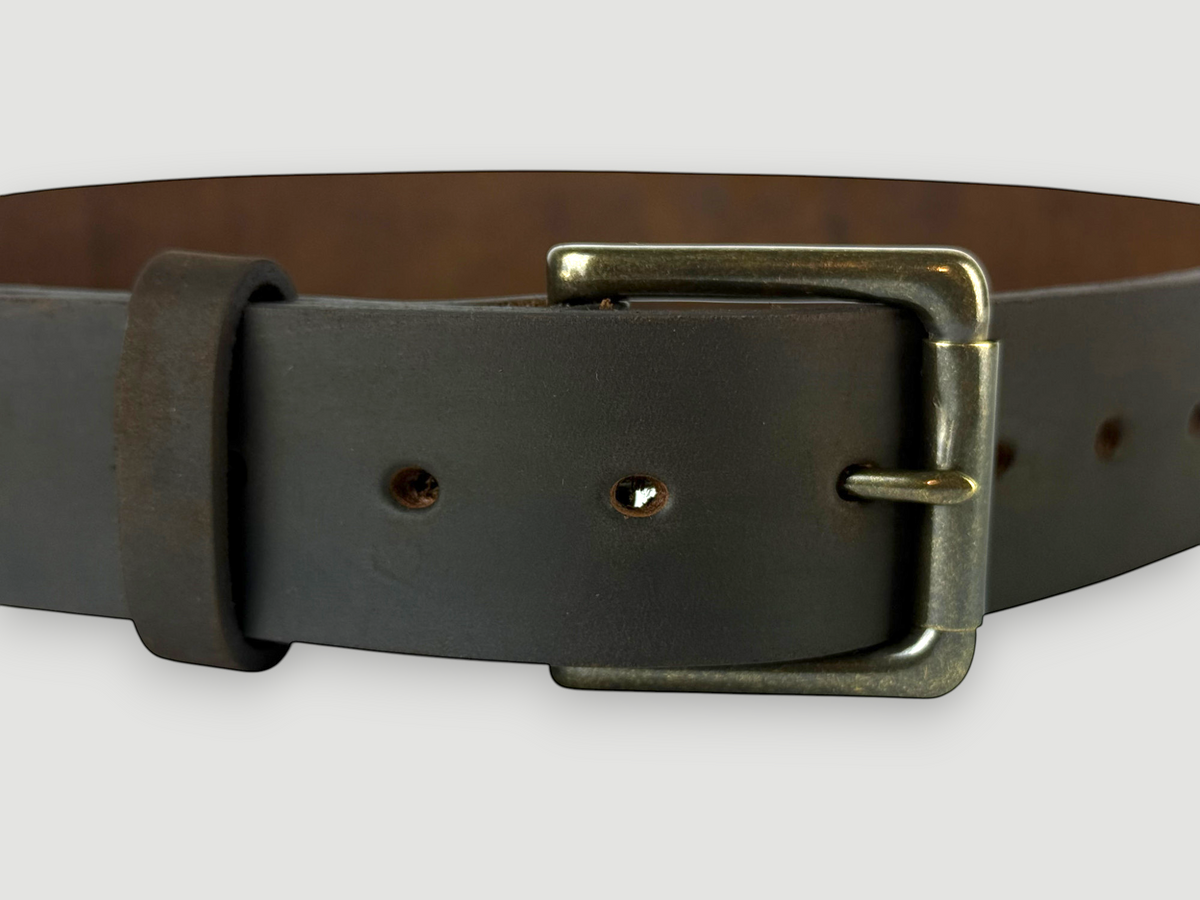 "Slab" Leather Belt - 1 1/2" Wide, Whiskey Brown, Roller Bar Buckle, Antique Brass