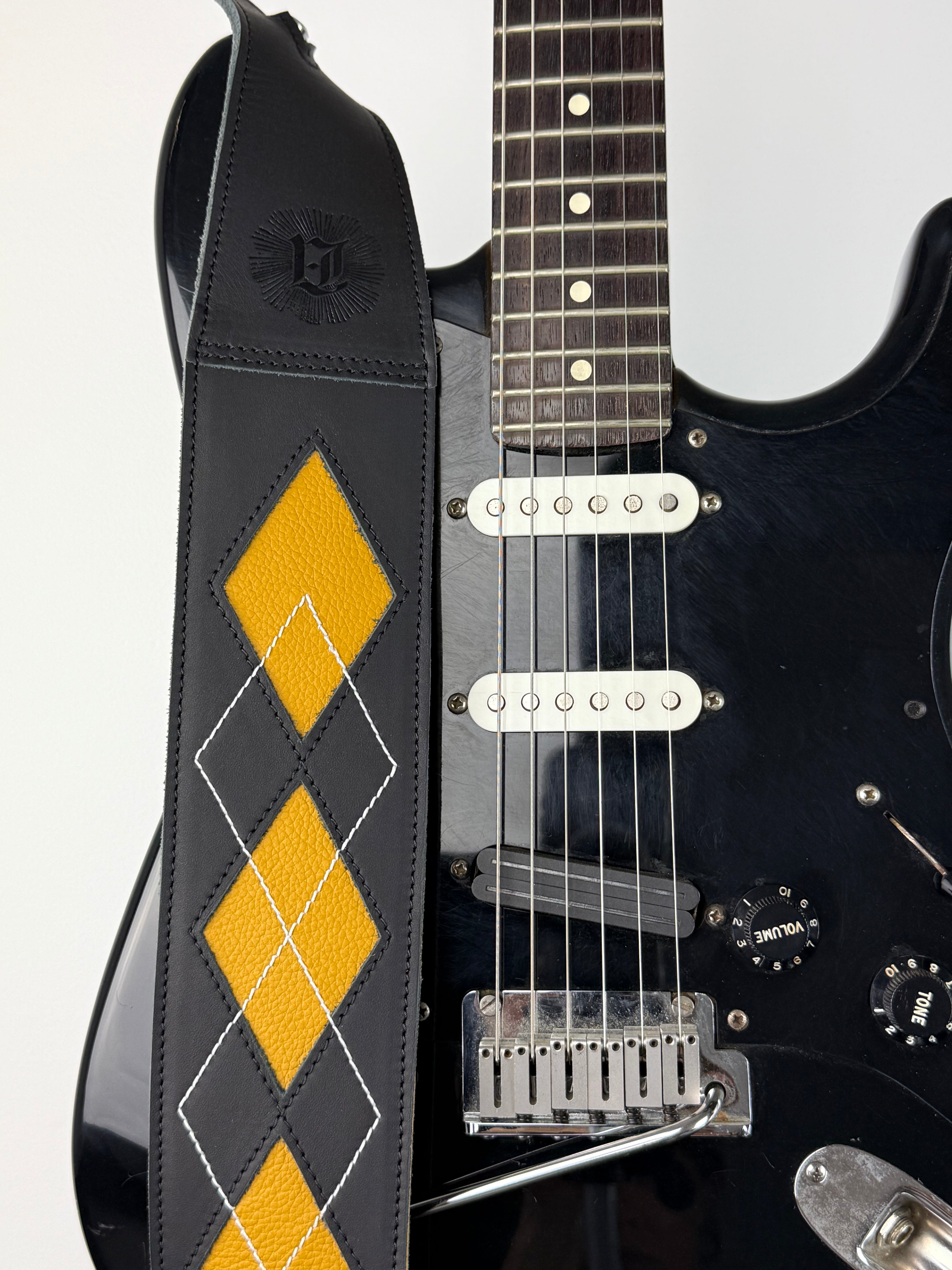Everett - Carbon Black/Mustard Yellow Argyle Leather Guitar Strap