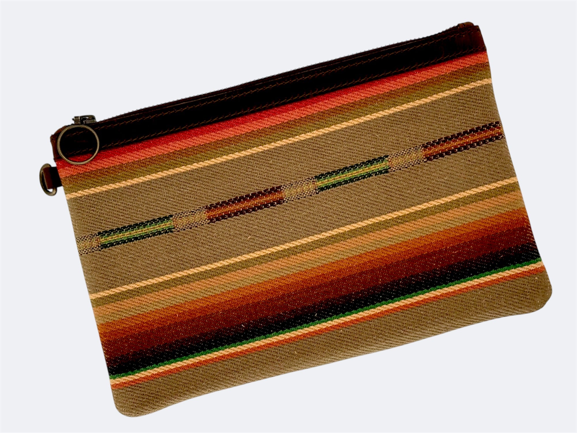 Leather-Lined Textile Zipper Pouch - Saddle